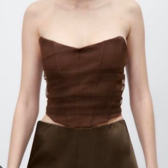 Zara Corset Style Tulle Top Brown Size Small - Picture 1 of 5